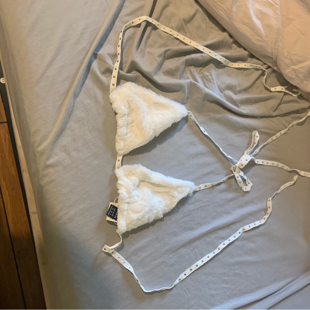 SHEIN White Faux Fur Triangle Bralette with Tie Straps